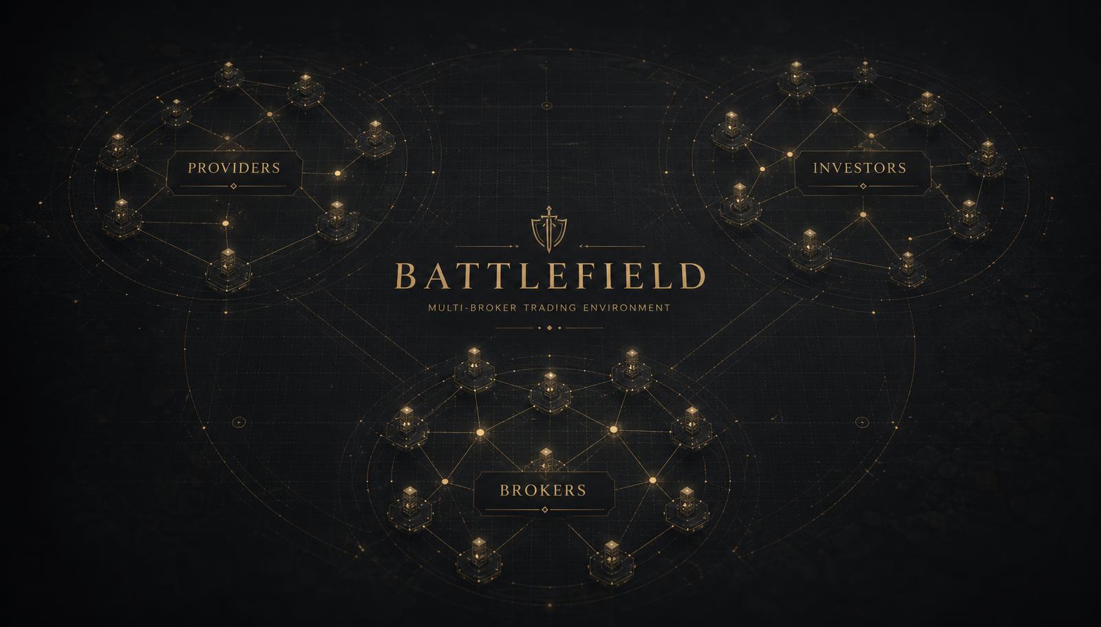 Concept visual of the MyFXHero Battlefield: connected provider, investor and broker clusters
